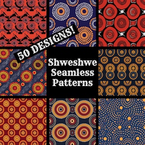 Puede incluir: Una colección de nueve patrones sin costuras coloridos que presentan formas geométricas y círculos en tonos de rojo, naranja, amarillo, azul y negro. Los patrones están etiquetados como "Shweshwe Seamless Patterns".