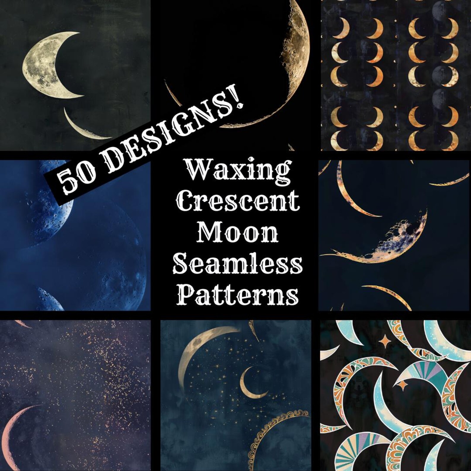 Waxing Crescent Moon Seamless Pattern: Celestial Digital Paper (digital ...