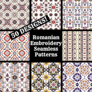 May include: A set of 50 Romanian embroidery seamless patterns. The patterns are in various colors, including red, blue, yellow, and white. The patterns are all geometric and feature traditional Romanian designs.