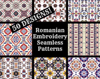 Romanian Embroidery Seamless Patterns: 50 PNG Digital Papers (Digital Download)