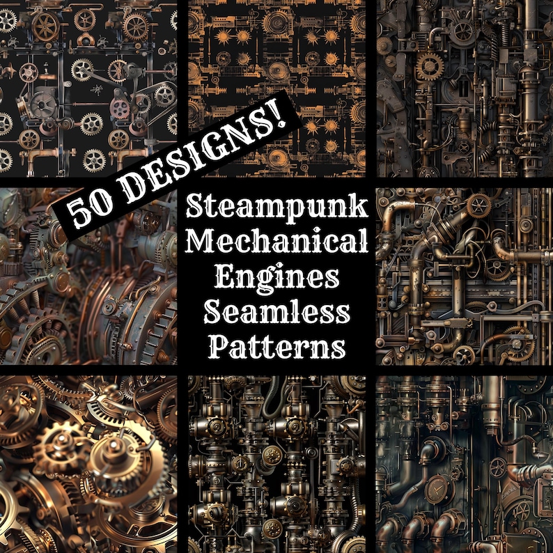 Steampunk Mechanical Engines Seamless Patterns: 50 PNG Digital Papers ...