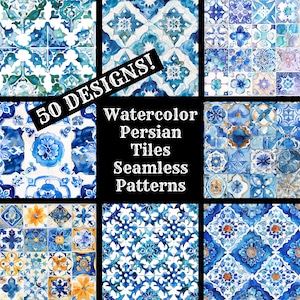May include: 50 Watercolor Persian Tile Seamless Patterns.  A collection of blue and white tile patterns with intricate designs.