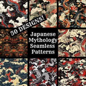 May include: A collage of nine seamless patterns featuring Japanese mythology themes. The patterns are black, red, white, and gold and feature dragons, clouds, and waves. The text "50 DESIGNS! Japanese Mythology Seamless Patterns" is in the center of the collage.