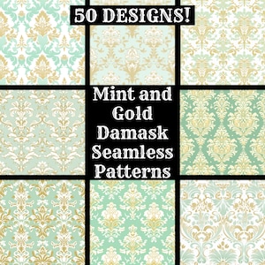 May include: A set of 50 mint green and gold damask seamless patterns. The patterns are intricate and elegant, with a classic feel.  "Mint and Gold Damask Seamless Patterns" is written in black text on a white background.