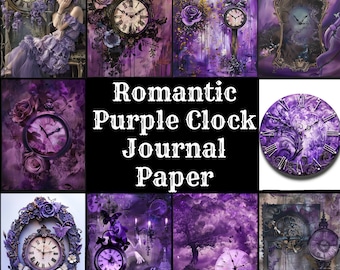 Purple Clock Journal Paper: Romantic Vintage Scrapbook (Digital Download)