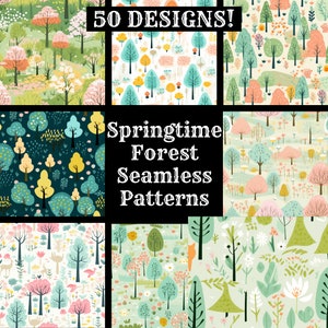 May include: A collection of 9 colorful seamless patterns featuring stylized trees and flowers. The patterns are perfect for spring-themed projects. The text "Springtime Forest Seamless Patterns" is displayed in the center of the image.
