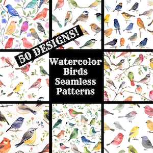 Watercolor Birds Seamless Pattern: 50 PNG Digital Papers (Digital Download)