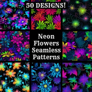 Neon Flowers Seamless Digital Paper, Printable Scrapbook Paper Seamless Textures, Digital Instant Download Seamless Neon Flowers Pattern