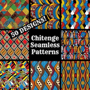 May include: A collection of 50 colorful, geometric, and abstract seamless patterns, titled "Chitenge Seamless Patterns". The patterns feature a variety of colors, including red, yellow, blue, green, and black.