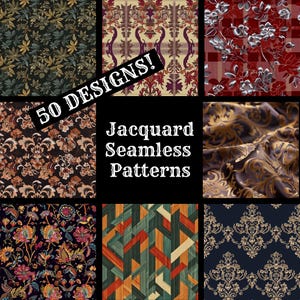 Op de afbeelding: Een collage van 50 verschillende naadloze patronen in verschillende kleuren en stijlen. De patronen zijn allemaal geïnspireerd op jacquardweven en hebben ingewikkelde ontwerpen. De tekst "50 DESIGNS!" en "Jacquard Seamless Patterns" wordt weergegeven op de afbeelding.