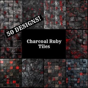May include: A collection of nine tile designs in charcoal, grey, and red hues. The text "50 DESIGNS!" is in white on a black diagonal banner. The text "Charcoal Ruby Tiles" is in white on a black background.