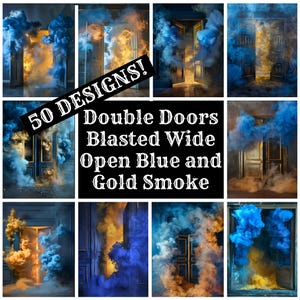 Dubbele deuren wijd open gestraald blauw en goud rook dagboekpapier, afdrukbaar papier, vintage tijdschriftenbenodigdheden, inlegvellen