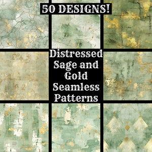 May include: A set of 50 distressed sage green and gold seamless patterns. The patterns feature a variety of textures, including cracked paint, marble, and geometric designs.