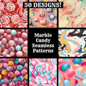 May include: 50 colorful marble candy seamless patterns. The patterns feature swirls of pink, blue, yellow, and white. Some patterns include 3D candy balls.