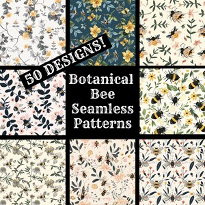 May include: A collage of nine different seamless patterns featuring bees and flowers. The patterns are in various colours, including yellow, blue, green, and white. The text "50 DESIGNS! Botanical Bee Seamless Patterns" is displayed in the centre of the collage.
