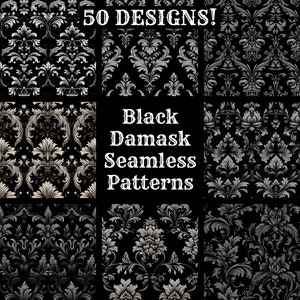 Black Damask Seamless Digital Paper, Printable Scrapbook Paper Seamless Textures, Instant Download, Commercial Use Black Damask Pattern