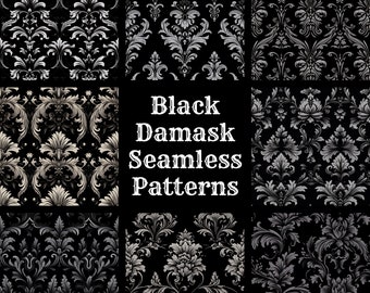 Black Damask Seamless Pattern: Printable Digital Paper (PNG)
