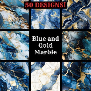 May include: A collage of nine images featuring blue and gold marble patterns. The text "50 DESIGNS!" and "Blue and Gold Marble" are displayed in the collage.