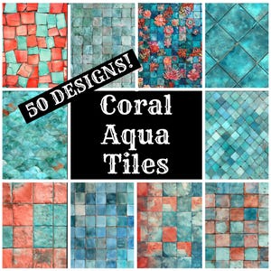 a collage of coral aqua tiles with the words 50 designs