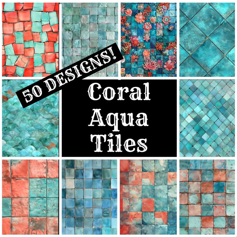a collage of coral aqua tiles with the words 50 designs