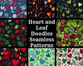Heart & Leaf Doodles Seamless Patterns: 50 PNG Digital Papers (Digital Download)