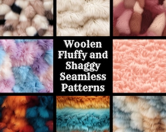 May include: A collage of 50 different seamless patterns featuring fluffy and shaggy faux fur textures in various colors, including pink, blue, white, orange, and brown. The text "Woolen Fluffy and Shaggy Seamless Patterns" is displayed in the center of the collage.