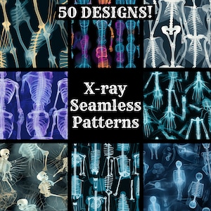 May include: A collage of 50 different X-ray seamless patterns featuring skeletons in various poses and colors. The text "X-ray Seamless Patterns" is in the center of the image.