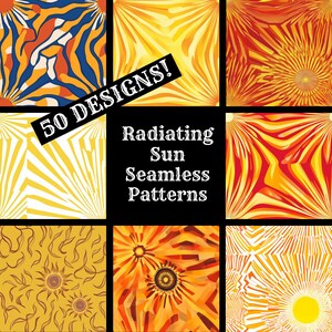 May include: A set of nine colorful, abstract, geometric patterns featuring radiating sun designs. The patterns are in shades of yellow, orange, and red. The text "50 DESIGNS!" and "Radiating Sun Seamless Patterns" is displayed on a black background.