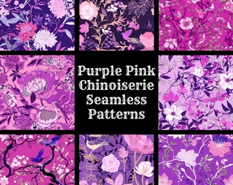 Patrón chinoiserie sin costuras en morado y rosa: 50 papeles digitales PNG (descarga digital)