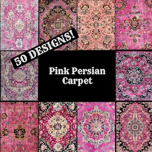 Puede incluir: Un collage de 10 diseños diferentes de alfombras persas rosas. El texto "50 DESIGNS!" y "Pink Persian Carpet" se muestra sobre un fondo negro.