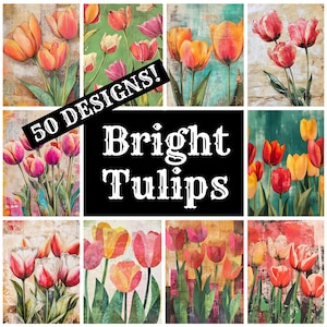Bright Tulips Journal Paper, Bright Tulips Printable Paper, Vintage Journal Supplies, Journal Inserts