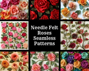 Papel sin costuras con rosas de fieltro: 50 texturas PNG (descarga digital)