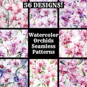 Könnte beinhalten: Eine Sammlung nahtloser Orchideenmuster in Aquarellfarben in verschiedenen Rosa- und Lilatönen. Das Bild zeigt mehrere Designs mit dem Text "56 DESIGNS!" und "Watercolor Orchids Seamless Patterns".