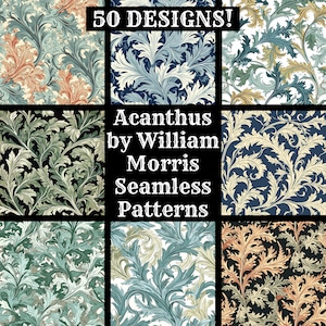 May include: A collage of 9 different seamless patterns featuring a stylized acanthus leaf design in various colors, including green, blue, white, and gold. The text "Acanthus by William Morris Seamless Patterns" is displayed in the center of the collage.