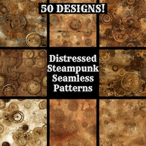 May include: A set of 9 distressed steampunk seamless patterns featuring various gears and cogs on a brown background. The text "Distressed Steampunk Seamless Patterns" is displayed in the center of the image.