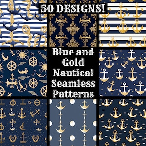Blau und Gold Nautische nahtlose digitale Papier druckbare Scrapbook Papier nahtlose Texturen, digitale Sofort-Download Gold nautischen Hintergrund
