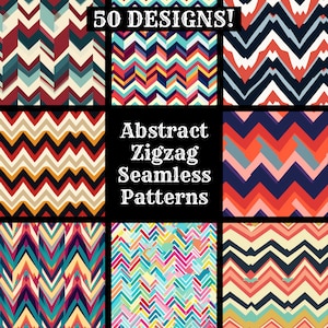 Puede incluir: Un conjunto de 50 patrones abstractos de zigzag sin costuras en varios colores, incluidos rojo, azul, amarillo, verde y blanco. Los patrones están dispuestos en una cuadrícula de nueve cuadrados, con el texto "Patrones abstractos de zigzag sin costuras" en el cuadrado central.