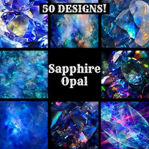 May include: A collage of 50 different designs of sapphire opal. The designs feature various shades of blue, purple, and green. The text "Sapphire Opal" is displayed in the centre of the collage.