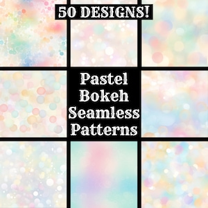 May include: 50 seamless pastel bokeh patterns. The patterns feature a variety of soft colors, including pink, blue, yellow, and green. The patterns are perfect for adding a touch of whimsy to any project.