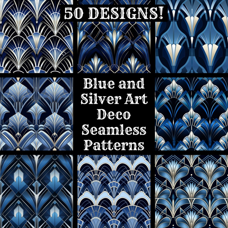 Blue and Silver Art Deco Seamless Digital Paper, Printable Scrapbook