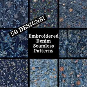 Embroidered Denim Seamless Digital Paper, Embroidered Denim Printable Scrapbook Paper Seamless Textures, Digital Instant Download