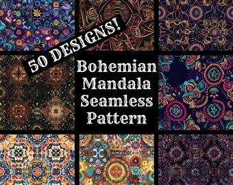 Bohemian Mandala Seamless Pattern: 50 PNG Digital Papers (Digital Download)