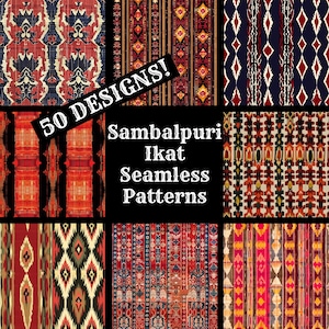 May include: A collage of 9 colorful, geometric patterns with the text "50 DESIGNS!" and "Sambalpuri Ikat Seamless Patterns" in white text on a black background.