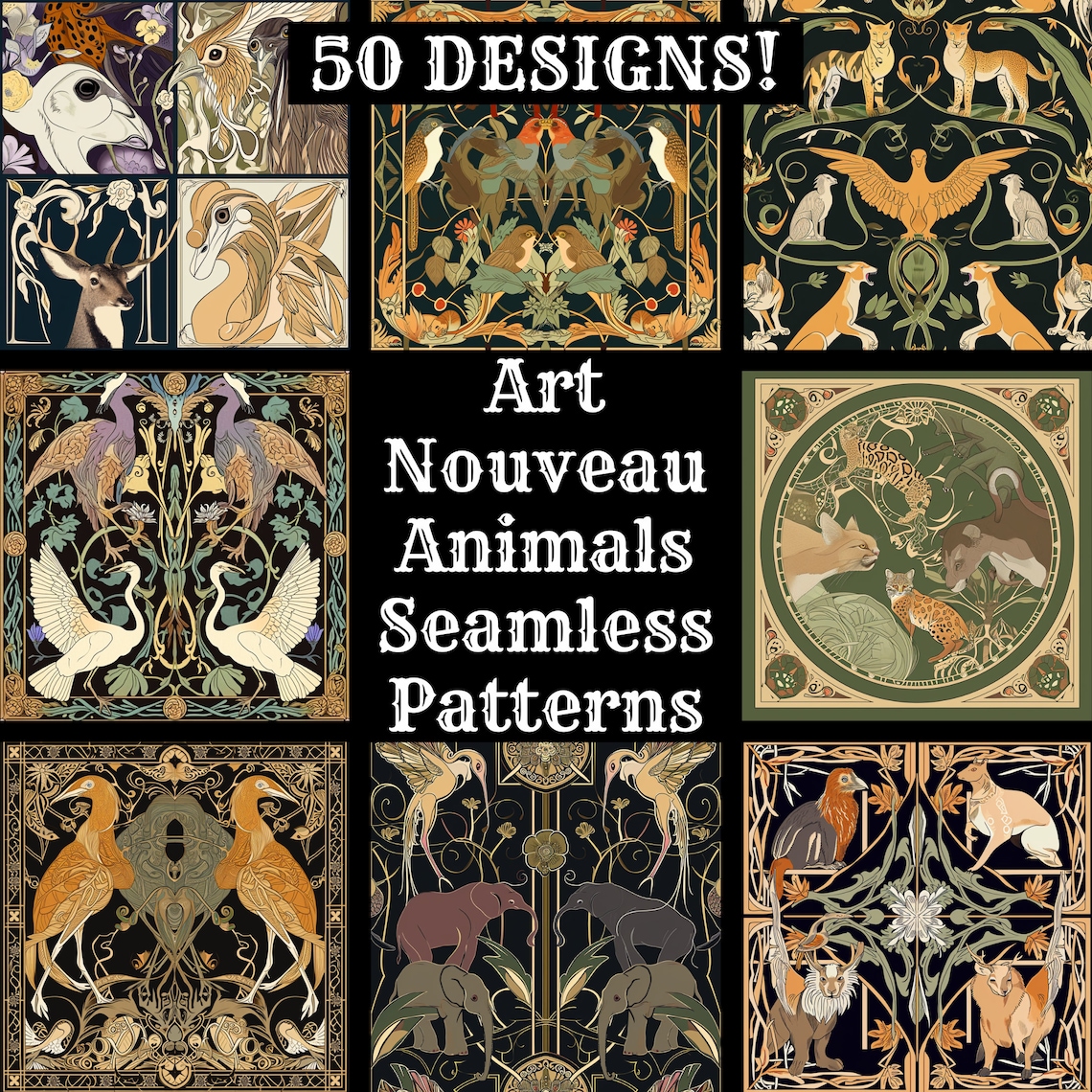Art Nouveau Animals Seamless Pattern 50 PNG Digital Papers (digital
