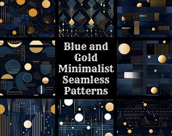 Blue and Gold Minimalist Seamless Patterns: 50 PNG Digital Papers (Digital Download)