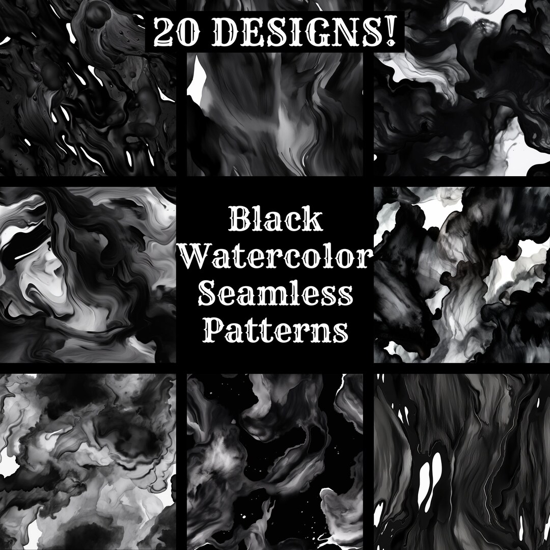 Black Watercolor Seamless Patterns: Printable Digital Paper (instant ...
