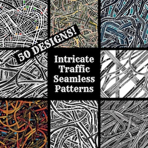 May include: A set of 9 intricate traffic seamless patterns. The patterns are black and white, with some featuring color accents. The patterns are perfect for use in a variety of design projects, such as fabric, wallpaper, and wrapping paper.