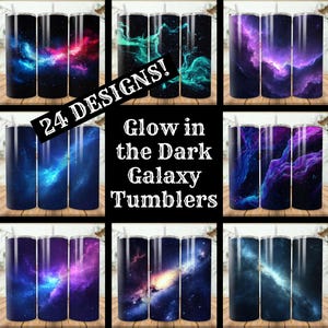 May include: 24 Designs! Glow in the Dark Galaxy Tumblers. A collage of nine images showing different galaxy designs on stainless steel tumblers. The tumblers are all black with a variety of galaxy designs in shades of blue, purple, pink, and green.
