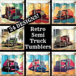 Retro Semi Truck Tumbler Wrap Bundle 24 Pack 20 oz Skinny Tumbler Sublimation Designs Straight Tapered Tumbler PNG, Instant Download