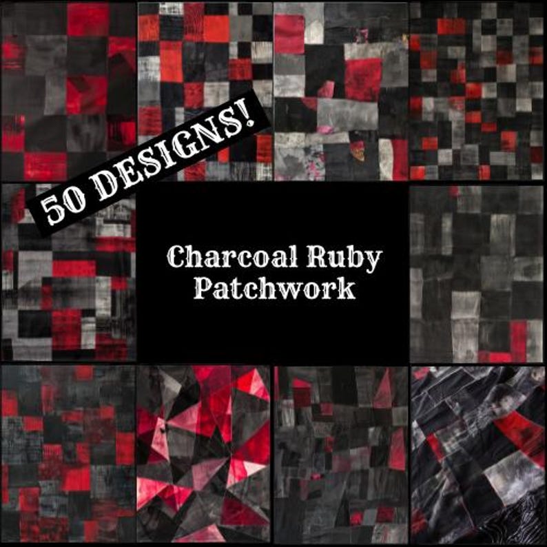 a black and red patchwork pattern with the words 50 designs charcoal ruby patchwork